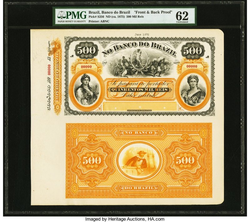 Brazil Banco Do Brazil 500 Mil Reis ND (ca. 1875) Pick S256p Front and Back Proo...