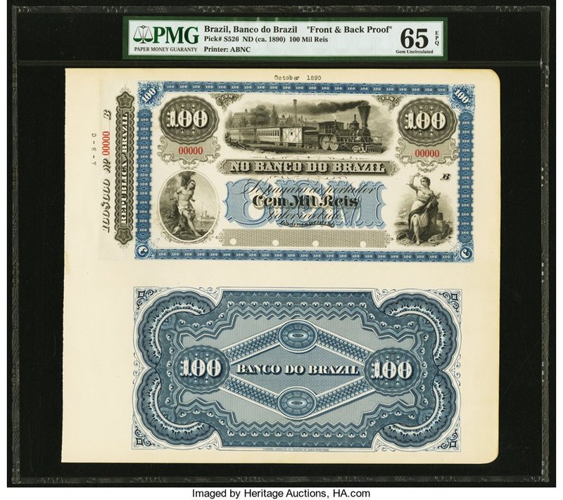 Brazil Banco Do Brazil 100 Mil Reis ND (1890) Pick S526p Front and Back Proofs P...