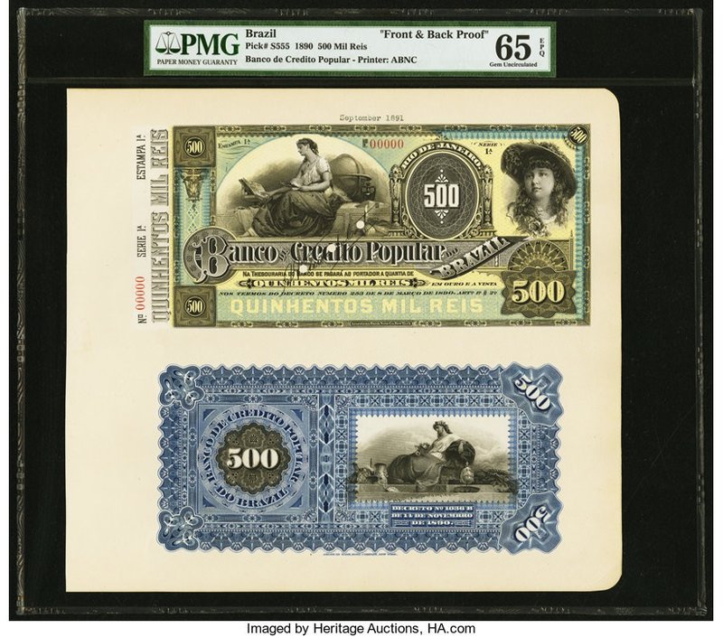 Brazil Banco de Credito Popular 500 Mil Reis ND (1890) Pick S555p Front and Back...