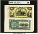 Brazil Banco dos Estados Unidos do Brazil 500 Mil Reis 8.3.1890 Pick S607Bp Front and Back Proofs PMG Uncirculated 62. A handsome, high denomination p...