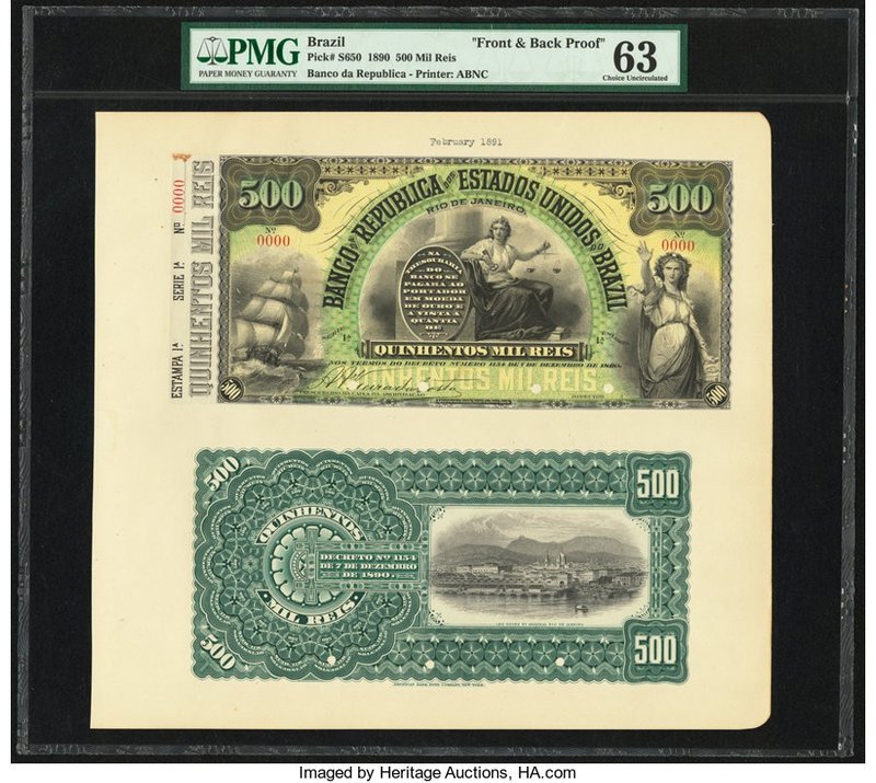 Brazil Banco da Republica dos Estados Unidos 500 Mil Reis 1890 Pick S650p Front ...