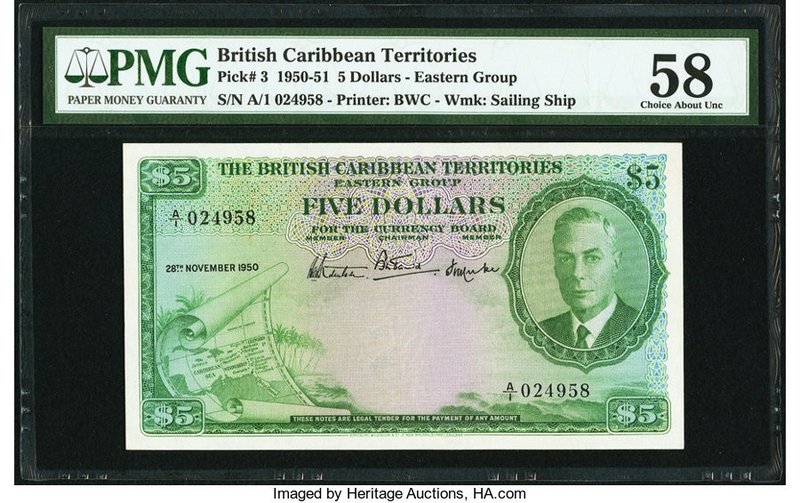 British Caribbean Territories Currency Board 5 Dollars 28.11.1950 Pick 3 PMG Cho...