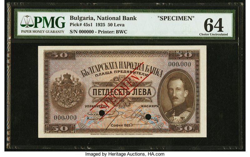 Bulgaria Bulgaria National Bank 50 Leva 1925 Pick 45s1 Specimen PMG Choice Uncir...