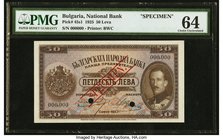 Bulgaria Bulgaria National Bank 50 Leva 1925 Pick 45s1 Specimen PMG Choice Uncirculated 64. An important and scarce offering, seldom seen in this form...