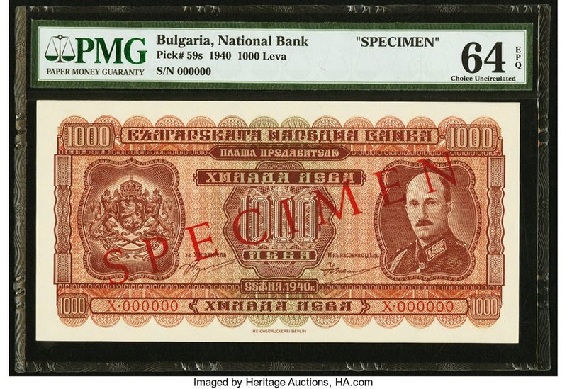 Bulgaria Bulgaria National Bank 1000 Leva 1940 Pick 59s Specimen PMG Choice Unci...