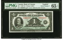Canada Bank of Canada $1 1935 BC-1 Serial Number 7 PMG Gem Uncirculated 65 EPQ. A handsome and rarely-seen Gem from the 1935 series, which is exponent...