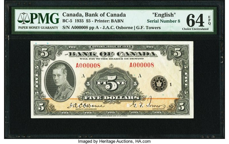 Canada Bank of Canada $5 1935 BC-5 Serial Number 8 PMG Choice Uncirculated 64 EP...