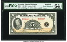 Canada Bank of Canada $5 1935 BC-5 Serial Number 8 PMG Choice Uncirculated 64 EPQ. Beautifully choice and original, this popular denomination features...