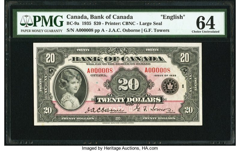 Canada Bank of Canada $20 1935 BC-9a Serial Number 8 PMG Choice Uncirculated 64....