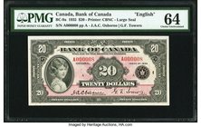 Canada Bank of Canada $20 1935 BC-9a Serial Number 8 PMG Choice Uncirculated 64. An exceptionally desirable banknote in any grade, and especially so i...