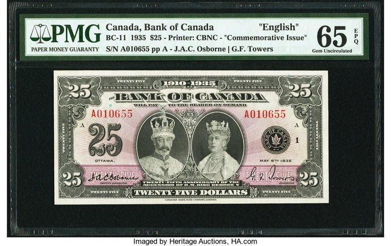 Canada Bank of Canada $25 6.5.1935 BC-11 Commemorative PMG Gem Uncirculated 65 E...