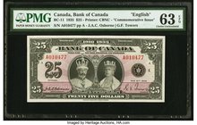 Canada Bank of Canada $25 5.6.1935 BC-11 Commemorative PMG Choice Uncirculated 63 EPQ. This outstanding Commemorative is seldom seen in any grade, let...