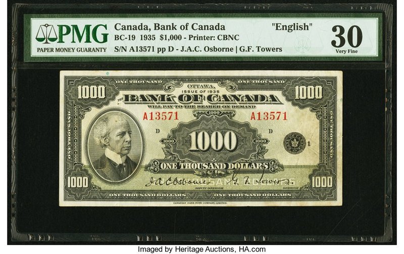 Canada Bank of Canada $1000 1935 BC-19 PMG Very Fine 30. Only a limited number o...