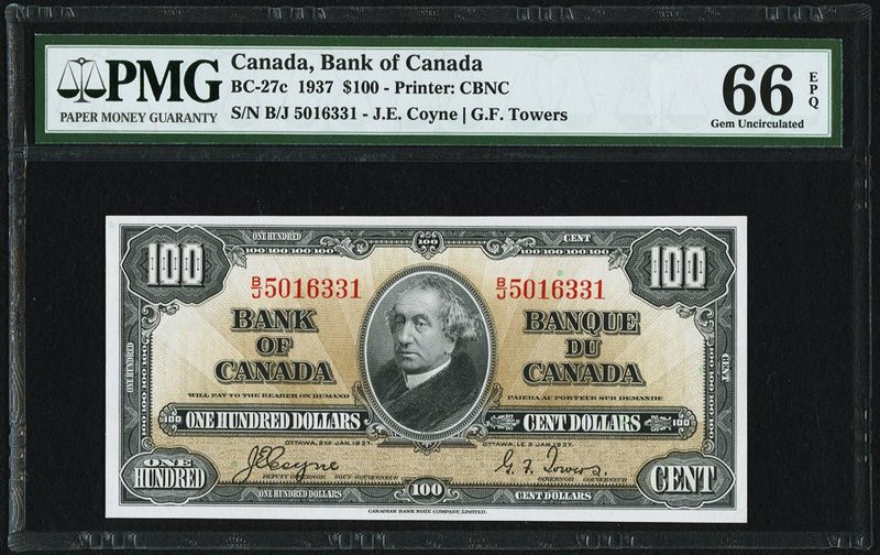Canada Bank of Canada $100 2.1.1937 BC-27c PMG Gem Uncirculated 66 EPQ. In addit...
