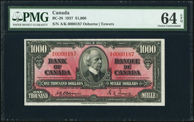 Canada Bank of Canada $1000 2.1.1937 BC-28 PMG Choice Uncirculated 64 EPQ. This ...