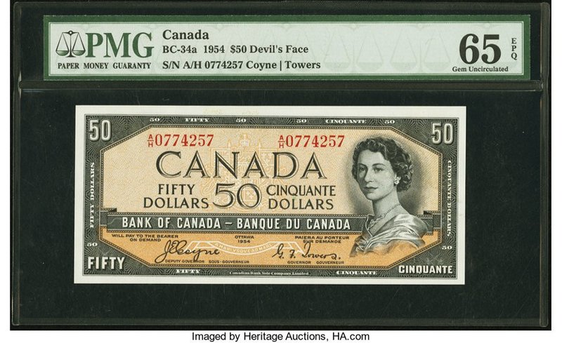 Canada Bank of Canada $50 1954 BC-34a Devil's Face PMG Gem Uncirculated 65 EPQ. ...