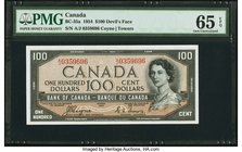 Canada Bank of Canada $100 1954 BC-35a Devil's Face PMG Gem Uncirculated 65 EPQ. A pack-fresh, well margined, and colorful example of this higher deno...