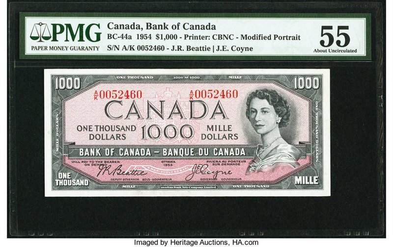 Canada Bank of Canada $1000 1954 BC-44a PMG About Uncirculated 55. An interestin...