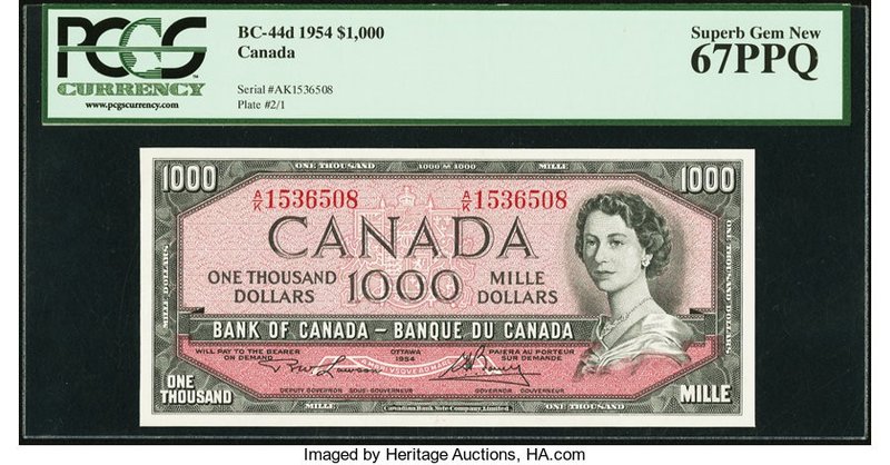 Canada Bank of Canada $1000 1954 BC-44d PCGS Superb Gem New 67PPQ. A splendid ex...