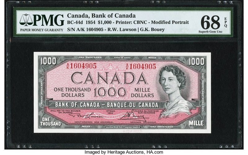 Canada Bank of Canada $1000 1954 BC-44d PMG Superb Gem Unc 68 EPQ. At the time o...