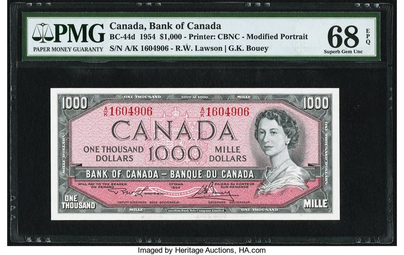 Canada Bank of Canada $1000 1954 BC-44d PMG Superb Gem Unc 68 EPQ. A simply asto...