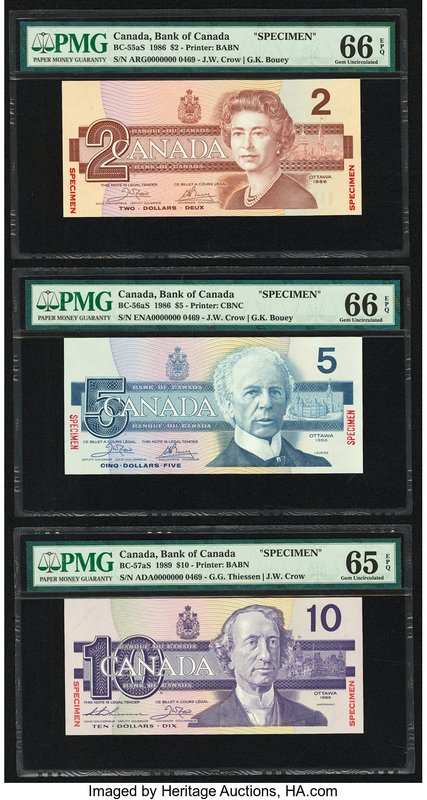 Canada Bank Of Canada Denominational Set Of Six PMG Graded Specimens. $2; 5; 198...
