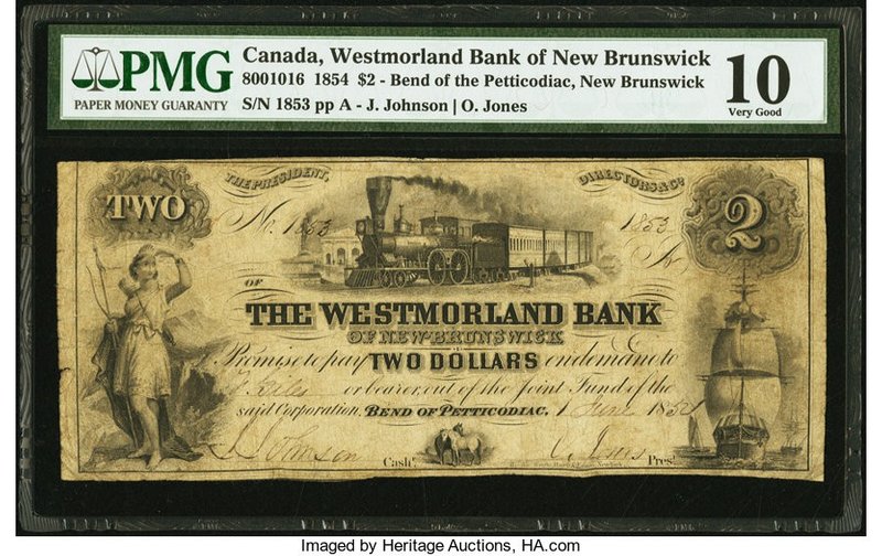 Canada Bend of Petticodiac, NB- Westmorland Bank $2 1.6.1854 Ch.# 800-10-16 PMG ...