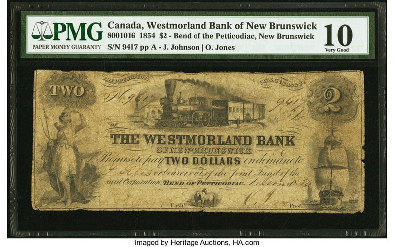 Canada Bend of Petticodiac, NB- Westmorland Bank $2 1.6.1854 Ch.# 800-10-16 PMG ...