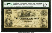 Canada Bend of Petticodiac, NB- Westmorland Bank $2 1.5.1856 Ch.# 800-10-22 PMG Very Fine 20. A bright mid-grade example of this 2 Dollar note with so...