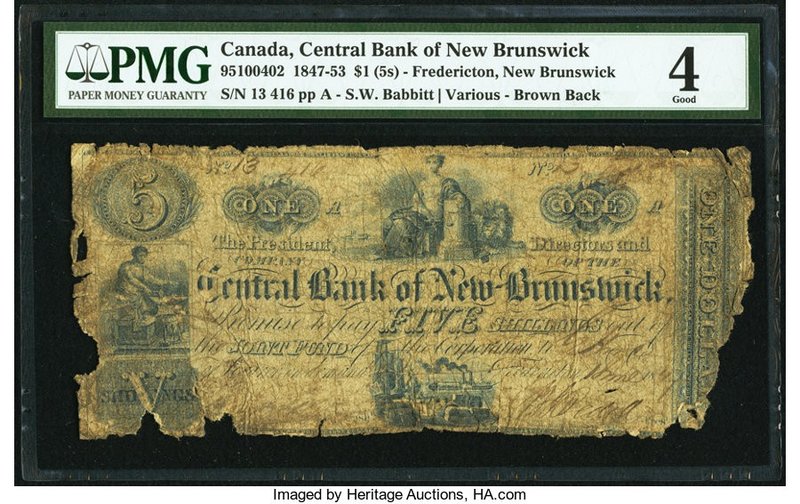Canada Fredericton, NB- Central Bank of New Brunswick $1 (5 Shillings) 1.11.1847...