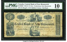 Canada Fredericton, NB- Central Bank of New Brunswick $1 (5 Shillings) 1.10.1854 Ch.# 95-10-06-02 PMG Very Good 10. A most attractive example of the l...