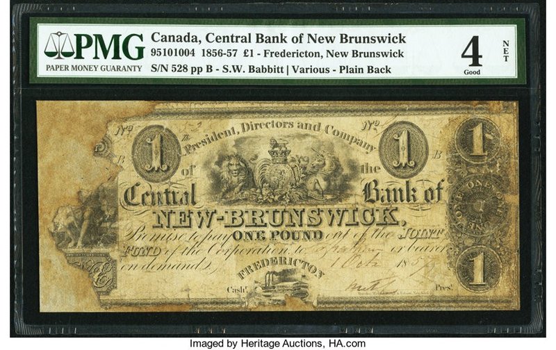 Canada Fredericton, NB- Central Bank of New Brunswick 1 Pound 1.10.1857 Ch.# 95-...