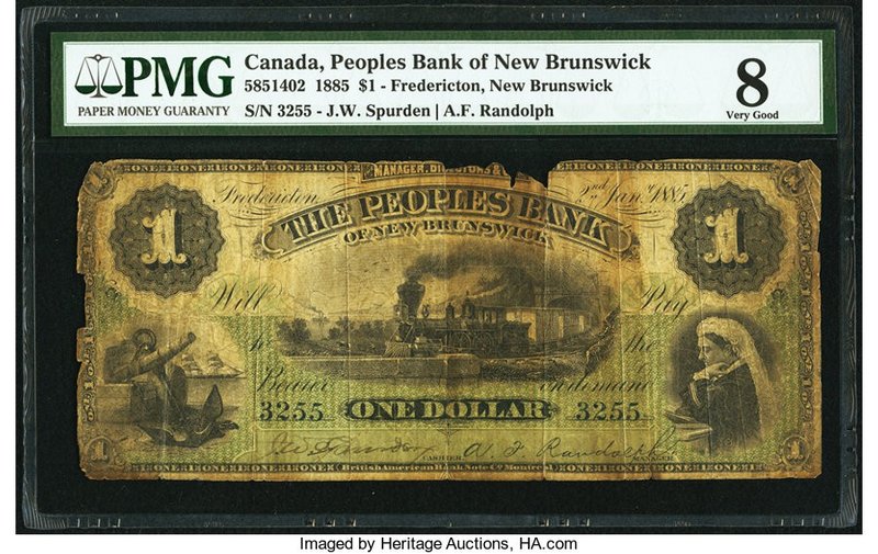 Canada Fredericton, NB- Peoples Bank of New Brunswick $1 2.1.1885 Ch.# 585-14-02...