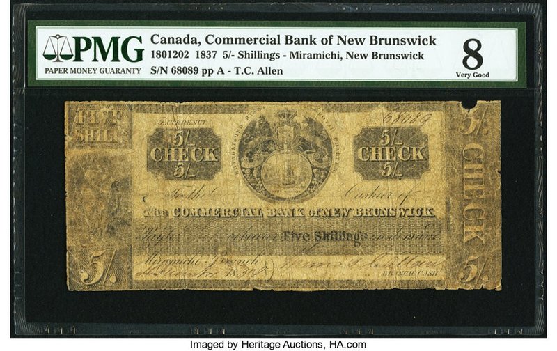 Canada Miramichi, NB- Commercial Bank of New Brunswick 5 Shillings 1.12.1837 Ch....