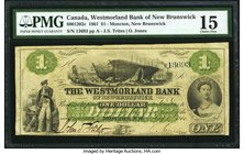 Canada Moncton, NB- Westmorland Bank of New Brunswick $1 1.8.1861 Ch.# 800-12-02c PMG Choice Fine 15. A delightful example with the rare single imprin...