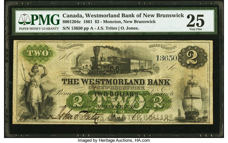 Canada Moncton, NB- Westmorland Bank $2 1.8.1861 Ch.# 800-12-04c PMG Very Fine 2...