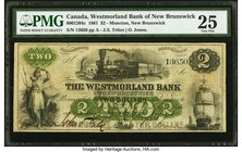 Canada Moncton, NB- Westmorland Bank $2 1.8.1861 Ch.# 800-12-04c PMG Very Fine 25. A well printed and nicely margined example of this rare 2 Dollar va...