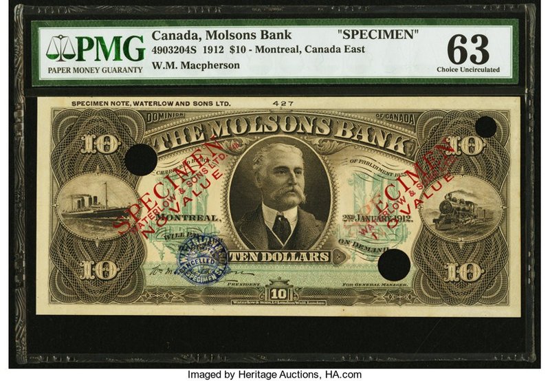 Canada Montreal, PQ- Molsons Bank $10 2.1.1912 Ch.# 490-32-04S Color Trial Speci...