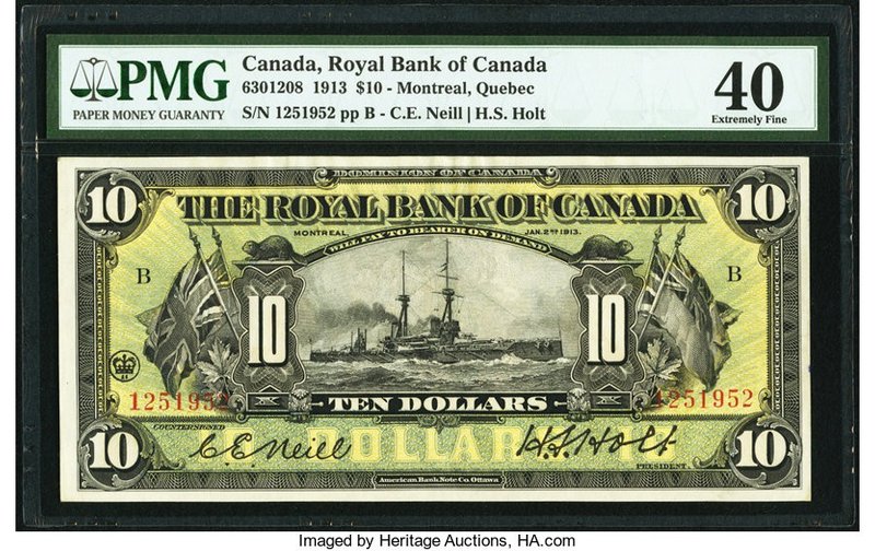 Canada Montreal, PQ- Royal Bank of Canada $10 2.1.1913 Ch.# 630-12-08 PMG Extrem...