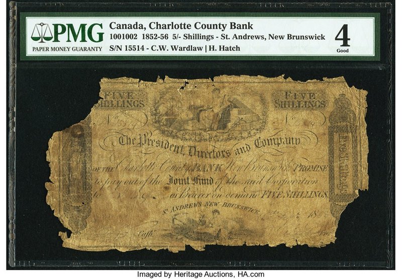 Canada St. Andrews, NB- Charlotte County Bank 5 Shillings 12.8.1856 Ch.# 100-10-...