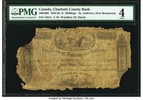 Canada St. Andrews, NB- Charlotte County Bank 5 Shillings 12.8.1856 Ch.# 100-10-02 PMG Good 4. A truly rare early New Brunswick note which is unpriced...