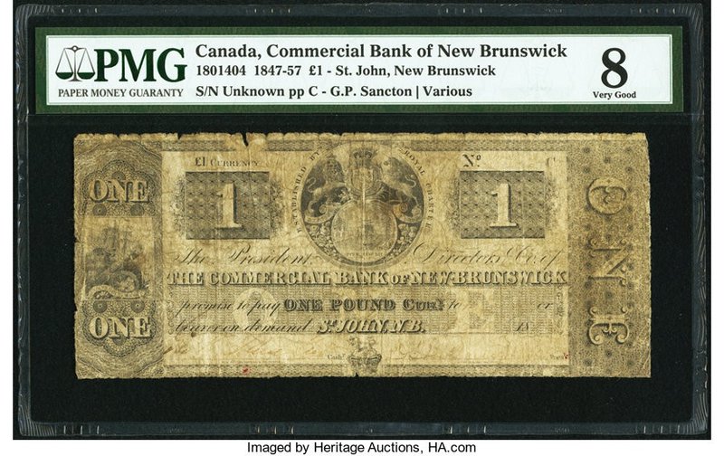 Canada St. John, NB- Commercial Bank of New Brunswick 1 Pound (ca. 1847-57) Ch.#...