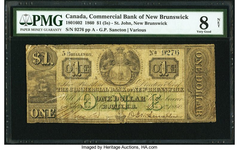 Canada St. John, NB- Commercial Bank of New Brunswick $1 (5 Shillings) 1.11.1860...