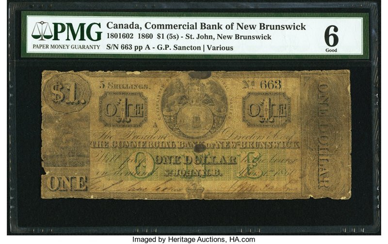 Canada St. John, NB- Commercial Bank of New Brunswick $1 (5 Shillings) 1.11.1860...