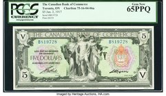 Canada Toronto, ON- Canadian Bank of Commerce $5 2.1.1917 Ch.# 75-16-04-06a PCGS Gem New 65PPQ. An utterly impressive and extremely rare banknote, far...