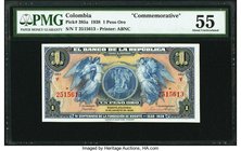 Colombia Banco de la Republica 1 Peso Oro 6.8.1938 Pick 385a Commemorative PMG About Uncirculated 55. Issued to commemorate the 400th anniversary of t...