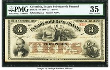 Colombia Estado Soberano de Panamá 3 Pesos 21.5.1868 Pick S188 PMG Choice Very Fine 35. An elusive example of this popular design printed by The Ameri...
