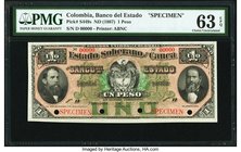 Colombia Banco del Estado 1 Peso 1887 Pick S449s Specimen PMG Choice Uncirculated 63 EPQ. A rare Banco el Estado Specimen printed by ABNC. Cancelled w...