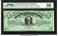 Colombia Banco de la Republica 5 Pesos = 5 Dollars ND (ca. 1880s) Pick S809r Remainder PMG About Uncirculated 50. A pleasing portrait of George Washin...