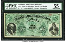 Colombia Banco de la Republica 10 Pesos = 10 Dollars ND (ca. 1880s) Pick S810r Remainder PMG About Uncirculated 55. Highlighted by two lovely portrait...